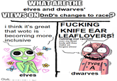 WHAT ARE THE elves and dwarves' VIEWS ON DnD's changes to race? i think it's great that wotc is becoming more inclusive F------ KNIFE EAR LEAFLOVERS! ruining our racism! over my dead body will they make us forgive elves! TYPE A dwarves elves OWL.
