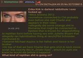 Anonymous (ID: XOGKAIAa) 01/29/26(Thu)04:49:35 No.527258815 36 KB JPG Erika Kirk is darkest rabbithole I ever looked up: >Miss Arizona 2012 >somehow connected to CIA probably even before she met Charlie and appears in their video >allegedly did some strange s--- in Romania that might be connected to Epstein that is known for shapeshifting to reptilian form before having sex with Juliette Bryant that allegedly ran hybridisation thing at ranch(Phil Schneider mentioned it) >Satanist Michael Aquino is her father and Vance is her brother >On top of that we have Charlie that gets shot in neck movie script way exactly like in,,Snake Eyes", which Im sure she knew he would die before it happend. What kind of reptilian s--- is going on?