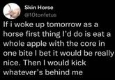 Skin Horse @10tonfetus If i woke up tomorrow as a horse first thing I'd do is eat a whole apple with the core in one bite I bet it would be really nice. Then I would kick whatever's behind me
