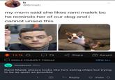 b @6rineh my mom said she likes rami malek bc he reminds her of our dog and i cannot unsee this 13.7k 73 Share SINGLE COMMENT THREAD Award VIEW ALL musecorn 30m Rami Malek always looks like he's eating chips but trying to be as quiet as possible Reply Vote