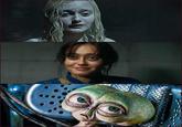 A meme about Ella Purnell eyes. It compares her eyes to the Men In Black alien.