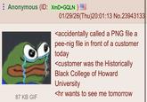 Anonymous (ID: XmD+GQLN) 87 KB GIF 01/29/26(Thu)20:01:13 No.23943133 <accidentally called a PNG file a pee-nig file in front of a customer today <customer was the Historically Black College of Howard University <hr wants to see me tomorrow