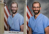 An image showing the original VA hospital staff portrait of Alex Pretti next to the AI-altered version that was circulated and used in the wake of his death.