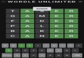 O WORDLE UNLIMITED σ RARER TA AS ER GA Σ ER F ADER PALER BAKER CANER W ER TY U - AS DF G | H || J KL ENTER ZXCVBNM ☑ P