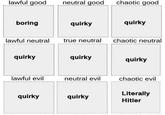 lawful good neutral good chaotic good boring quirky quirky lawful neutral true neutral chaotic neutral quirky quirky quirky lawful evil neutral evil chaotic evil Literally quirky quirky Hitler