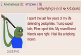 Anonymous (ID: MT1jCXWh 01/30/26(Fri)23:19:37 No.527396159 28 KB PNG I spent the last few years of my life defending pedophiles. Trump r---- kids, Elon r---- kids. My retard liberal friends were right. I feel like a f------ moron.