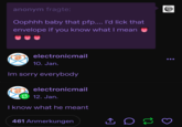 anonym fragte: Oophhh baby that pfp.... I'd lick that envelope if you know what I mean electronicmail 10. Jan. Im sorry everybody electronicmail 12. Jan. I know what he meant 461 Anmerkungen ↑O♡ A