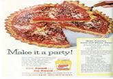 Make it a party! Make it merry-with Good-and-Plenty Pizza! Fun to eat-fun to make, too, with French's new recipe. French's own mustard recipe. calls for rare spices, specially grown mustard seeds, and the very finest vinegar. That's why French's Mustard is so light and lively-and why more women choose it and use it than any other mustard! On food... In food... French's MUSTARD no other mustard has the light and lively flavor of FRENCH'S MUSTARD Make French's Good-and-Plenty Pizza With a new tangy crust... and the best-tasting filling this side of Rome! Pizza Crust 2 cups biscuit mix 2 tbsps. French's Mustard cup milk Measure mix into a bowl. Stir mustard into milk; blend into mix. Knead 1 minute on board dusted with biscuit mix. Roll to fit 12-inch pizza pan. 5-7 min. or until set; remove from oven. Reduce heat to moderate (375°F). Prepare filling. Pizza Filling 2 cans (8-oz.) tomato sauce 1 tbsp. sugar 1 tbsp. French's Minced Onion 2 tbsps. French's Mustard ¼ tsp. French's Oregano 1 lb. bulk pork sausage meat, well cooked and well drained 1 cup grated sharp Cheddar cheese 2 tbsps, grated Parmesan cheese Combine tomato sauce, sugar, onion, mustard, and oregano; bring to a boil; simmer 10 min. Pour into partially baked crust. Sprinkle with half of Cheddar, then sausage, then remaining Cheddar, top with Parmesan. Return to oven; bake 12-15 min. or until cheese melts and crust is deep golden brown. Yield: 6 servings. Friendly Warning: Because French's Mustard has a special flavor, texture and color all its own, don't expect best results from this recipe with any other mustard.