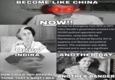 BECOME LIKE CHINA Ogey INDIRA NOW!! During the Emergency from 1975 to 1977, Indira Gandhi's government arrested over 110,000 political opponents and dissenters, using laws like the Maintenance of Internal Security Act to suppress civil liberties and political dissent. This crackdown was widely criticized and is seen as a significant abuse of power in Indian history. ANOTHER DAY HOW COULD YOU POSSIBLY THINK THAT'S WHAT I MEA- ANOTHER BANGER