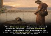 After 20 years away, Odysseus returned home in disguise. Only his loyal dog Argos recognized him, wagged his tail once, and d!ed peacefully, having waited his whole life to see him.