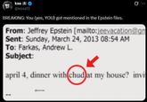 ksa @kosa12 BREAKING: You (yes, YOU) got mentioned in the Epstein files. Ø... From: Jeffrey Epstein [mailto:jeevacation@gm Sent: Sunday, March 24, 2013 08:54 AM To: Farkas, Andrew L. Subject: april 4, dinner with chud at my house? invi @drainies