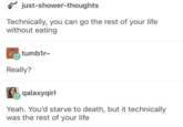just-shower-thoughts Technically, you can go the rest of your life without eating tumb1r- Really? qalaxyqirl Yeah. You'd starve to death, but it technically was the rest of your life