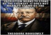 "PATRIOTISM MEANS TO STAND BY THE COUNTRY. IT DOES NOT MEAN TO STAND BY THE PRESIDENT" THEODORE ROOSEVELT