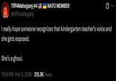 A tweet by @tiff4mahogany. It reads, "I really hope someone recognizes that kindergarten teacher’s voice and she gets exposed. She’s a ghoul."