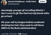stream htmljones - hello html @htmljones Follow alarmingly younger gf (scrolling tiktok): i don't even fw jjk like that but toji phonk edits go so hard 40-year-old ivy league lesbian academic stroking her hair: they used to call these AMVs in the Bush administration 4:43 PM - 9/11/24 - 70K Views