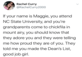 Rachel Curry @RachelCurry 2000 If your name is Maggie, you attend NC State University, and you're grandparents come to chickfila in mount airy, you should know that they adore you and they were telling me how proud they are of you. They told me you made the Dean's List, good job girl.