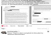Here is Steve Bannon emailing Jeffery Epstein detailing his blueprints for building a far right neo- fascist populist movement in Europe. They were at the center of destabilization around the globe. From: "Steve Bannon" < To: "jeffrey E." <jeevacation@gmail.com> Subject: Fw: Date: Sun, 22 Jul 2018 23:27:26+0000 Importance: Normal Sent via BlackBerry by AT&T From: Benjamin Harnwell - Date: Sun, 22 Jul 2018 22:01:54 +0200 To: Steve Bannon< Subject: Re: Bannon the European: He's opening the populist fort in Brussels The former Trump strategist arrives in Europe with "The Movement". Objective: an alliance between right-wing leaders, from Salvini to Orbán in view of the 2019 elections NEW YORK. The invasion of Europe has begun. Steve Bannon, 65, the American far-right guru who was Donald Trump's right-hand man in the White House-but let go last summer following the racist violence in Charlottesville-is preparing to march on Brussels. Launching, he told the Daily Beast himself, a new non-profit foundation called The Movement, (Il Movimento), right in the heart of Europe and its institutions. Through which he hopes to coordinate the populist right in view of the European elections which will be held in spring 2019. Objective: to compete with George Soros, the American billionaire of Hungarian origin, benefactor of the Democratic party, who since 1984 with his Open Society has spent at least $32 billion in support of NGOs dealing with human rights. And for this he became the bogeyman of the populist right, accused of plots of all kinds: including that of wanting to replace Italians with immigrants in order to have labour at low cost. A mantra repeated in the past on Twitter also by the current Minister of the Interior Matteo Salvini. The ambition of Steve Bannon, former director of the alt-right American site Breitbart-which in the European campaign preceded him since the platform had already opened bureaux in London and Rome- is therefore to become the coordinator of the one great "populist international" of which he has long since been dreaming. The Movement, in fact, intends to function as an extreme right-wing think tank: a source of strategic advice to channel the not-so-politically structured discontent of the most extreme European movements. Analysing data and giving strategic advice. But also by raising funds and channeling funding. The aim is to create a populist alliance, a sort of "super group" that if victorious can conquer up to a third of the European Parliament in the elections next May. Indeed putting the common policy of the Old Continent in the hands of Bannon and his own. The American strategist is very attached to the Freedom Caucus -the extreme right of the US Congress- and in 2014 he was at the top of the Cambridge Analytica company, which in 2016 used data stolen from Facebook to try to influence the presidential election from which Donald Trump emerged victor. It is not a mystery that for a long time he courts nationalists of the right from East to West. And he has already met, among others, the Hungarian Orbán, the French Marine Le Pen and the former leader of the British separatists Nigel Farage. The latter reappeared, coincidentally, on Friday in Pennsylvania, USA, to a fundraiser in favor of the Republican congressman Lou Barletta. Without forgetti and 5 stars. Of them, he said: "If it works in Italy, we can import the model anyw The Movement, which for now will count on a staff of 10 people, will be fully op short, after the American midterm elections, where Bannon is fighting to influenc supporting candidates potentially able to undermine the prospects of Republican future the former spin doctor says he wants to spend more and more time in Euro relationships with Trump have worsened after the revelations he made to Michael the scandal book "Fire and Fury". "Better to reign in Hell than to serve in Paradis paraphrasing the Satan of one of his favorite books, John Milton's Lost Paradise. the dear old Europe and its democratic values. The "army of darkness" is already In Sacratissimo Corde lesu et Purissimo Corde Mariae et Castissimo Corde Ioseph.. Benjamin Harnwell Founder and President of the Board of Trustees Dignitatis Humanae Institute Cell: Office: Istituto Dignitatis Humanae 44 Via delle Fornaci Roma 00165 ITALY @ben harnwell Il giorno 22 lug 2018, alle ore 15:38, Steve Bannon What does this say??? Begin forwarded message: From: Maria Luisa Date: July 22, 2018 at 9:11:58 AM EDT To: Steve Bannon Preate Alexandra - >ha scritto: 2.4K Q 40 806 Top ✓ + EFTA01004853 134 View activity > jochiaradia 1h Peter Thiel is also complicit in the plot to destroy Democracy