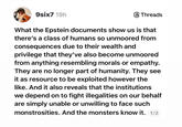 9six7 19h Threads What the Epstein documents show us is that there's a class of humans so unmoored from consequences due to their wealth and privilege that they've also become unmoored from anything resembling morals or empathy. They are no longer part of humanity. They see it as resource to be exploited however the like. And it also reveals that the institutions we depend on to fight illegalities on our behalf are simply unable or unwilling to face such monstrosities. And the monsters know it. 1/2
