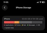 11:55 ୮ iPhone iPhone Storage 63.63 GB of 64 GB used Applications System Data Photos Mail Messages iOS 48