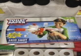 TOILET PAPER BLASTERS TM USES REAL TOILET PAPER SA digital coupon 10 BLASTS UP TO 30 FEET! (9.14 METERS) SKID SHOT WIPE OUT THE COMPETITION!" INCLUDES: 1 SKID SHOT BLASTER COMPREND: 1 FOUDROYEUR SKID SHOT LOAD & BLAST! SKID SHOT TOILET PAPER EASY CLEANUP NO BATTERIES REQUIRED 2NE NECESSITE PAS DE PILES CAUTION: Do not aim at eyes or face. Do not modify this product Never launch where people, animals or unintended objects may be struck ATTENTION: Ne pas diriger vers les yeux bu le visage. la Ne pas modifier ce produit. Ne jamais utiliser ou des personnes, des animaux ou des objets non destinés à cet effet pourraient être heurtés NO BATTERIES REQUIRED 10 PIECES/PIECES 8+ jakks A WARNING: A ATTENTION ADULT SUS FOR DETAILED SUPERVISION SUGGESTED AND SAFETY INFORMATION SURVELLANCE PAR UN MOO RECOMM VOR CONSO
