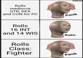 Rolls mediocre STR, DEX and CON for PC Rolls 16 INT and 14 WIS Rolls Class: Fighter imgflip.com Panik Kalm Panik