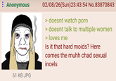 : Anonymous 61 KB JPG 02/08/26(Sun)23:43:54 No.83870843 > doesnt watch p--- > doesnt talk to multiple women > loves me Is it that hard moids? Here comes the muhh chad sexual incels