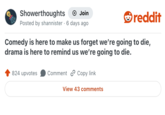 Showerthoughts Join Posted by shannister 6 days ago reddit Comedy is here to make us forget we're going to die, drama is here to remind us we're going to die. 824 upvotes Comment Copy link View 43 comments