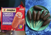 ота Jimmy Dean PANCAKES & SAUSAGE ON A STICK! pancake batter covering a pork & chicken sausage link BLUEBERRY ARTIFICIAL BLUEBERRY FLAVORED FULLY COOKED KEEP FROZEN 12 STICKS INDIVIDUALLY WRAPPED NET WT. 30 OZ (1.87 LB) 8500 MICROWAVEABLE 190 PROTEIN 69 PER SERVING ENLARGED TO SHOW DETAIL