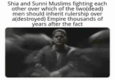 Shia and Sunni Muslims fighting each other over which of the two(dead) men should inherit rulership over a(destroyed) Empire thousands of years after the fact