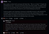 Theostru 1d ago • Many readers consider Dunk's exchange with Steely Pate - "Who am I to them?" "A knight who remembered his vows" - to be the soul and the moral of the entire novella. The impact comes not just from the exchange itself, but it's careful placement at Dunk's lowest point, before he realizes any champions have answered his call, let alone Breakspear joining him. Could you speak to your reasoning in removing (or potentially moving to a later episode) the exchange? Removing it entirely diminishes the soul of the story, and moving it to a later moment weakens its impact as Dunk already has the favor of the Prince of Dragonstone. It's an odd choice given how faithful you've otherwise been to the novella. 61 Reply HBO hbomax max Award OP • 2h ago Share 0 Ira Parker Honestly it was a mistake on my part. Not my first not my last on this show. That scene was in the script at one point, then fell out. I agree that "a knight who remembers his vows" is the soul of this story, but I think that is still very much at the core of the show, even if I stupidly left out this scene... it may not be said explicitly, but Dunk's actions remain the same. 137 Reply 2 Share