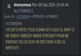 Anonymous Mon 09 Sep 2024 19:54:44 No.270860011 Quoted By: >>270868040 >>270874350 >>270889521 >>270859799 >OI DAT'S ROITE YOUS GONNA GIT A GUD OL SNIFF O ME SWEA'Y SMEGGY MINGE STROIGHT FRUM ME KNICKAS YOU IS! GOW ON DEN TAIKE A BIG OL WIFFOVIT!