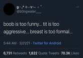 g @bOngwater_ boob is too funny... t-- is too aggressive... breast is too formal... 5:44 AM 3/21/21 Twitter for Android 6,731 Retweets 1,822 Quote Tweets 70.3K Likes