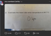 + no.context.brits 1d d) Estimate the heart rate when temperature is 98.7°C. 0 bpm 014 8.6K 17769 128