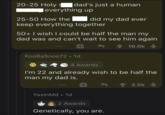 20-25 Holy $ |dad's just a human everything up 25-50 How the did my dad ever keep everything together 50+ I wish I could be half the man my dad was and can't wait to see him again KooBaSnoo72. 1d 10.0k 4 Awards I'm 22 and already wish to be half the man my dad is. YasinMd 1d 2 Awards Genetically, you are. 3.5k