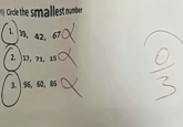 1) Circle the smallest number 39, 42, 67 2. 17, 71, 15 71,1 3. 96, 60, 86 ४ olm