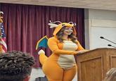 A Grok edit of Thicc Texas Teacher Camila Parker in a Dragonite suit.