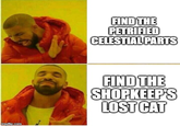imgflip.com FIND THE PETRIFIED CELESTIAL PARTS FIND THE SHOPKEEP'S LOST CAT