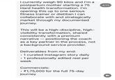 I currently weigh 90 kilos and I'm a postpartum mother starting a 75 Hard health transformation. I'm opening this up to one serious fitness trainer or dietitian I can collaborate with and strategically market through my documented journey. This will be a high-discipline, high- visibility transformation, shared consistently with a premium narrative positioning the coach as a key partner in the process, not a background service provider. Deliverables from my end: • 1 curated Instagram story daily • 1 professionally edited reel per week Commercials: • ₹1,75,000 for the full 75-day journey 4/10