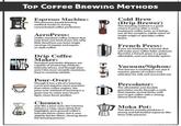 Top Coffee BREWING METHODS 景 Espresso Machine: This pressure-based brewing method results in strong. concentrated coffee perfection. AeroPress: Unlike standard coffee makers that only brew one kind of joe, the nifty little AeroPress can brew single servings of regular and espres- so-style coffee. Drip Coffee Maker: Standard automatic drippers are capable of producing medium- intensity brews, and though they aren't the most versatile machines, they're certainly reliable. Pour-Over: Though it has a bit of a learning curve and requires more precision than other coffee makers, the pour-over method of brewing is a great way to enjoy your beans' light, clean flavor profiles. Chemex: Just like a pour-over, the Chemex delivers a crisp, clean drink that highlights your ground coffee's intricate flavor notes, but it uses slightly thicker filters, slowing down the brewing process. T Cold Brew (Drip Brewer) This brewing method is a great choice if you're after a more exuberant coffee taste, as it brings out all the complex, subtle notes of single-origin or specialty coffee beans. French Press: If you are looking for a brewer that will make your coffee fuller and more flavorful, a French press is a great, affordable, and user-friendly option. Vacuum/Siphon: This brewer is exciting to use, but it requires plenty of caution and attention for safe and successful use. Percolator: The affordable and durable percolator works through a cycle that repeats several times until you've got coffee with a strong. almost harsh flavor. Moka Pot: This device actually produces a strong and full-bodied espresso-like brew with pressure.