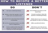 HOW TO BECOME A BETTER LISTENER DO Ask open ended questions Reflect what the speaker says to make sure you understood DON'T Ask multiple questions at the same time Assume you know what the speaker is thinking/feeling × × × Spend more time listening instead Think about ways to answer of speaking Ask for permission before you offer advice/suggetions Seek to understand what the speaker is saying, even if it is contrary to your view point the speaker as they are talking × Offer unsolicited Advice × Shut down once the person disagrees with your view point
