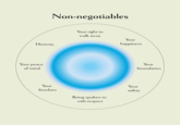 Non-negotiables Honesty Your right to walk away Your peace of mind Your freedom Being spoken to with respect Your happiness Your boundaries Your safety