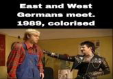 East and West Germans meet. 1989, colorised