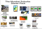 The Mumbai Suburbs Starter Pack Chapri people Thinks a person faking is real Redmi A1 Only Android, rarely iPhone android Roads always dug up Rickshaws cause congestion Water logging issues with floods and heavy raining during monsoon Mosquitoes at evening (4PM,5PM,6 PM, 7PM, Lack of 5 star hotels because most of them are near the airport Terminal 2 People randomly bursting firecrackers during festivals late at night, and even temples like Ahobila Mutt chembur burst during festivals Cheap cars like Creta and XUV500 with rash driving Loves activa and Loves royal DMart Local train enfield congestion