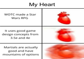 My Heart WOTC made a Star Wars RPG It uses good game design concepts from 3.5e and 4e Martials are actually good and have mountains of options
