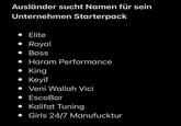 Ausländer sucht Namen für sein Unternehmen Starterpack • Elite • Royal • Boss • Haram Performance • King Keyif Veni Wallah Vici • EscoBar • Kalifat Tuning Girls 24/7 Manufucktur
