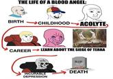 THE LIFE OF A BLOOD ANGEL: BIRTH CHILDHOOD ACOLYTE CAREER LEARN ABOUT THE SIEGE OF TERRA RIP DEATH INCURABLE DEPRESSION