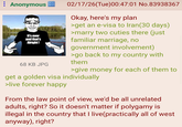 : Anonymous It's over and that's Alright! 68 KB JPG 02/17/26(Tue)00:47:01 No.83938367 Okay, here's my plan >get an e-visa to Iran(30 days) >marry two cuties there (just familiar marriage, no government involvement) >go back to my country with them >give money for each of them to get a golden visa individually >live forever happy From the law point of view, we'd be all unrelated adults, right? So it doesn't matter if polygamy is illegal in the country that I live(practically all of west anyway), right?