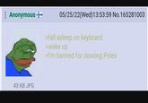 Anonymous + 05/25/22(Wed)13:53:59 No.165281003 >fall asleep on keyboard >wake up >I'm banned for doxxing Poles 43 KB JPG