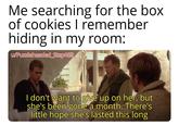 Me searching for the box of cookies I remember hiding in my room: u/Puzzleheaded Step468 I don't want to give up on her, but she's been gone a month. There's little hope she's lasted this long