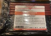 MIESFELD'S 1941 HABANERO MORED & PORK SNACK STICKS Nutrition Amountserving Facts servings per % DV Amount/serving % DV 9% Total Carb. Og 0% 13% Fiber 0g 0% container varies Total Sugars Og Serving size CROA 5mg 5% Incl. Og Added Sugars 0% 1oz (28g) Sodi 5% Protein 0g Calories per serving 90 Vitamin D 0% Calcium 0% Iron 0% Potassium 2% INGREDIENTS: BEEF, PORK, SAE URN SYRUP SOLIDS, SPICES (INCLUDING PAPRIKA), DEXTROSE, NATURAL FLAVORING WATER HABANERO, SODIUM ERYTHORBATE, LACTIC ACID STARTER CULTURE, SODIUM NITRIE, REU 3, AND COLLAGEN CASINGS. SPRAYED WITH POTASSIUM SORBATE TO IMPROVE QUALITY. 6 54383 | 31099 9 U.S. INSPECTED AND PASSED BY DEPARTMENT OF AGRICULTURE ESTM46661 NET WT. 12 OZ. MESFELD'S ANGLE MARKET LLC, SHEBOYGAN, WI